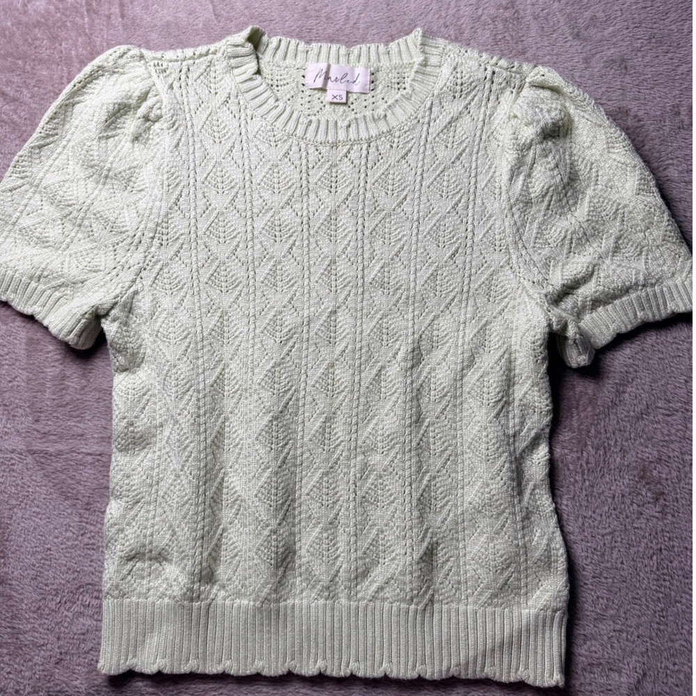 Marled  Pointelle Knit Puff Sleeve Top Scalloped  XS Coquette Soft Girl Feminine